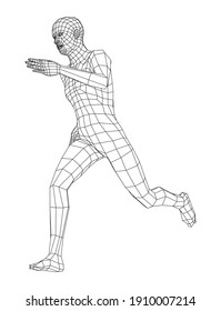 Wireframe running man. Vector 3d rendering. Man in running pose