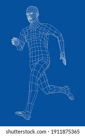 Wireframe running man. Vector 3d rendering. Man in running pose