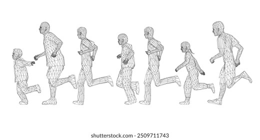Estructura de alambre de personas corriendo de líneas negras aisladas sobre fondo blanco. Hombres, mujeres y niños corriendo. Ilustración vectorial. 3D