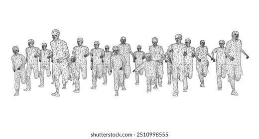Wireframe of running people from black lines isolated on white background. Men, women and children running. Vector illustration. 3D