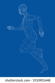 Wireframe running woman. Vector 3d rendering. Man in running pose