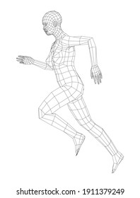 Wireframe running woman. Vector 3d rendering. Man in running pose