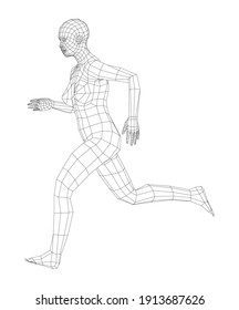 Wireframe running woman. Vector 3d rendering. Man in running pose