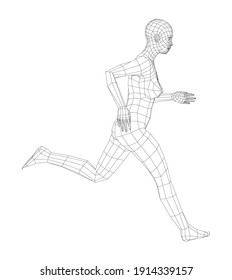 Wireframe running woman. Vector 3d rendering. Man in running pose