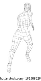Una mujer con armazón de alambre. Representación vectorial 3d. Hombre en posición de correr
