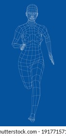 Wireframe running woman. Vector 3d rendering. Man in running pose