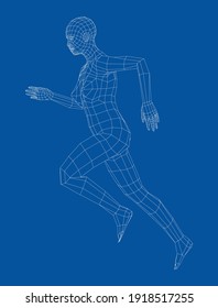 Wireframe running woman. Vector 3d rendering. Man in running pose