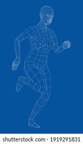 Wireframe running woman. Vector 3d rendering. Man in running pose