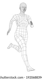 Wireframe running woman. Vector 3d rendering. Man in running pose