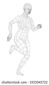 Wireframe running woman. Vector 3d rendering. Man in running pose