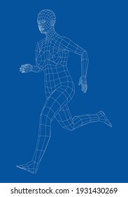 Wireframe running woman. Vector 3d rendering. Man in running pose