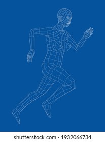 Wireframe running woman. Vector 3d rendering. Man in running pose