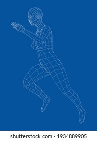 Wireframe running woman. Vector 3d rendering. Man in running pose