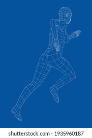Wireframe running woman. Vector 3d rendering. Man in running pose