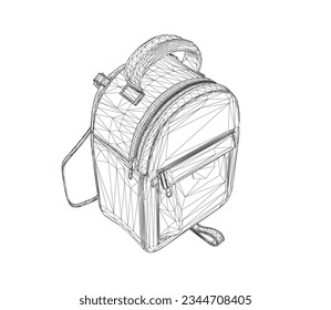 Wireframe of School backpack. Black and white rucksack. Front view travel bag. Vector illustration. Education and Work - School and Office Supply - Black Backpack Isolated on White Background. 3D.