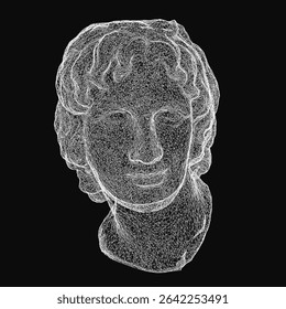 Wireframe sculpture of a man's head composed of intricate lines and geometric shapes, forming a detailed facial structure. The design stands out against a sleek black background, creating a striking.