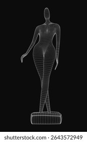 A wireframe sculpture of a woman with abstract geometric lines, resembling a digital 3D model. The minimalist design features clean curves and open spaces, creating a futuristic artistic.
