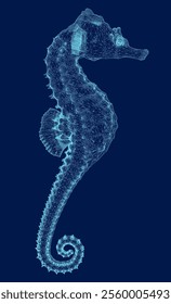 Wireframe seahorse on isolated blue background. 3D. Vector illustration