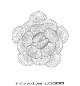 Estructura de conchas marinas apiladas una encima de la otra en un círculo de líneas negras aisladas sobre fondo blanco. Ilustración vectorial. 3D.