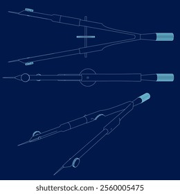 Wireframe set compass from blue lines. Vector illustration