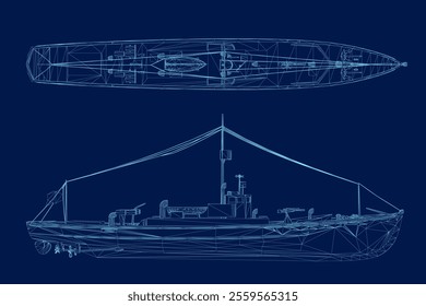 Wireframe Set with a warship isolated on a blue background. Ship with weapons from different positions. 3D. Side, top view. Vector illustration
