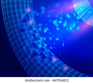 Wireframe shape destruction effect. Futuristic space background. Vector