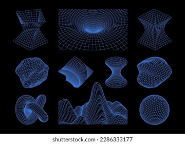 Wireframe shapes. 3d geometric mesh abstract elements. Cyberpunk futuristic line objects. Retro vaporwave synthwave vector set. Wavy blue digital surface, isolated geometric constructions