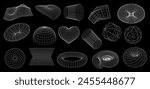 Wireframe shapes of 3D mesh grid in geometric abstract perspective, vector futuristic elements. 3D wireframe globe sphere, heart or spiral tunnel with torus, hemisphere and wormhole in wire frame wave