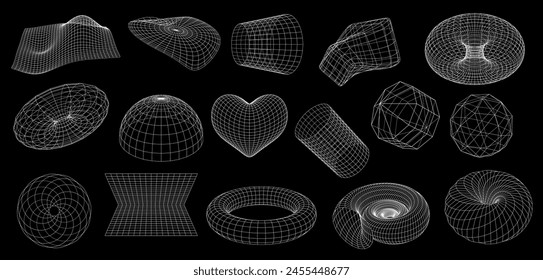 Wireframe shapes of 3D mesh grid in geometric abstract perspective, vector futuristic elements. 3D wireframe globe sphere, heart or spiral tunnel with torus, hemisphere and wormhole in wire frame wave