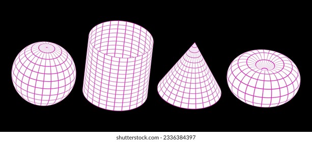 Wireframe shapes collection. 3d outline sphere, cylinder, cone and torus. Pink and white geometric elements for design template, icon, logo. Abstract lattice objects with connected lines. Vector pack