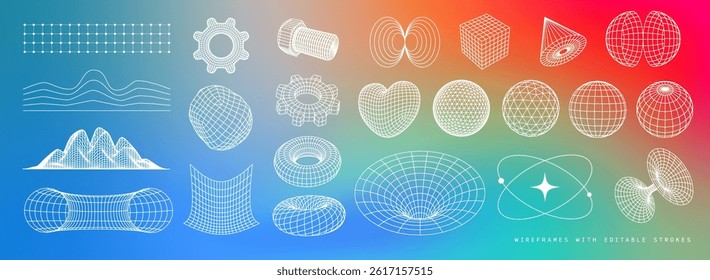 Wireframe Shapes Collection With Abstract 3D Geometric Forms, Science and Tech-Inspired Elements on Gradient Background. Vector Illustration