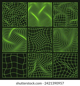 Wireframe shapes, lined perspective mesh, 3d grid. Low poly geometric elements. Retro futuristic design elements, y2k, vaporwave and synthwave style. Vector illustration