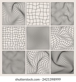 Wireframe shapes, lined perspective mesh, 3d grid. Low poly geometric elements. Retro futuristic design elements, y2k, vaporwave and synthwave style. Vector illustration