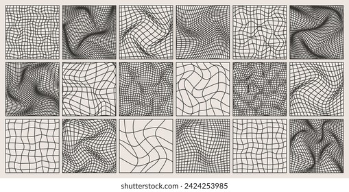 Wireframe shapes, lined perspective mesh, 3d grid. Low poly geometric elements. Retro futuristic design elements, y2k, vaporwave and synthwave style. Vector illustration