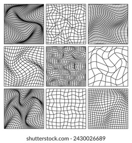 Wireframe shapes, lined perspective mesh, 3d grid. Low poly geometric elements. Retro futuristic design elements, y2k, vaporwave and synthwave style. Vector illustration