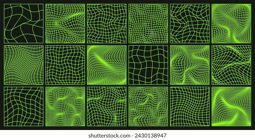 Wireframe shapes, lined perspective mesh, 3d grid. Low poly geometric elements. Retro futuristic design elements, y2k, vaporwave and synthwave style. Vector illustration