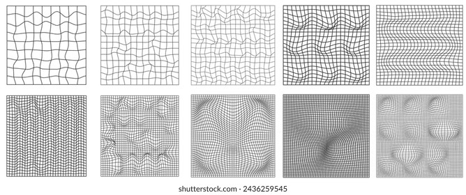 Wireframe shapes, lined perspective mesh, 3d grid. Low poly geometric elements. Retro futuristic design elements, y2k, vaporwave and synthwave style.