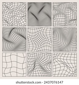 Wireframe shapes, lined perspective mesh, 3d grid. Low poly geometric elements. Retro futuristic design elements, y2k, vaporwave and synthwave style. Vector illustration