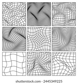 Wireframe shapes, lined perspective mesh, 3d grid. Low poly geometric elements. Retro futuristic design elements, y2k, vaporwave and synthwave style. Vector illustration