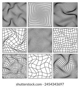 Wireframe shapes, lined perspective mesh, 3d grid. Low poly geometric elements. Retro futuristic design elements, y2k, vaporwave and synthwave style. Vector illustration