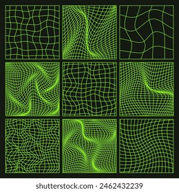 Wireframe shapes, lined perspective mesh, 3d grid. Low poly geometric elements. Retro futuristic design elements, y2k, vaporwave and synthwave style. Vector illustration