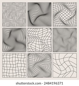 Wireframe shapes, lined perspective mesh, 3d grid. Low poly geometric elements. Retro futuristic design elements, y2k, vaporwave and synthwave style. Vector illustration