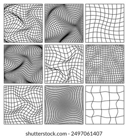 Wireframe shapes, lined perspective mesh, 3d grid. Low poly geometric elements. Retro futuristic design elements, y2k, vaporwave and synthwave style. Vector illustration