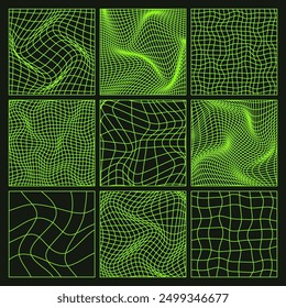 Wireframe shapes, lined perspective mesh, 3d grid. Low poly geometric elements. Retro futuristic design elements, y2k, vaporwave and synthwave style. Vector illustration