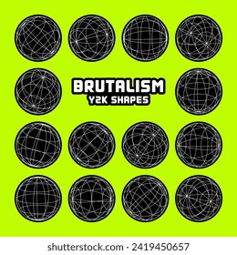 Wireframe shapes, lined sphere. Perspective mesh, 3d grid. Modern trendy low poly geometric elements. Retro futuristic design elements, y2k, vaporwave and synthwave style. Vector illustration