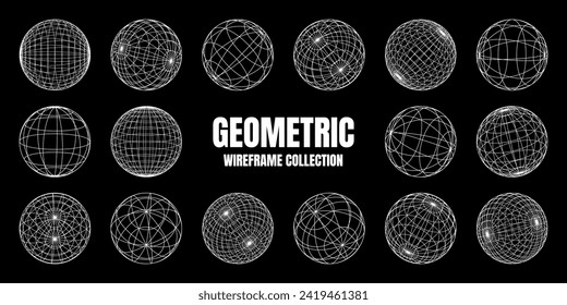 Wireframe shapes, lined sphere. Perspective mesh, 3d grid. Low poly geometric elements. Retro futuristic design elements, y2k, vaporwave and synthwave style. Vector illustration
