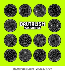 Wireframe shapes, lined sphere. Perspective mesh, 3d grid. Modern trendy low poly geometric elements. Retro futuristic design elements, y2k, vaporwave and synthwave style. Vector illustration