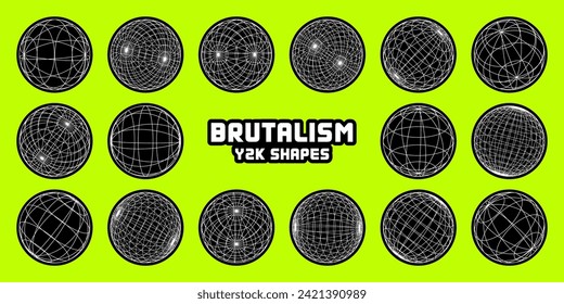 Wireframe shapes, lined sphere. Perspective mesh, 3d grid. Modern trendy low poly geometric elements. Retro futuristic design elements, y2k, vaporwave and synthwave style. Vector illustration