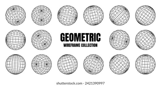 Wireframe shapes, lined sphere. Perspective mesh, 3d grid. Low poly geometric elements. Retro futuristic design elements, y2k, vaporwave and synthwave style. Vector illustration
