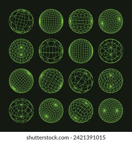 Wireframe shapes, lined sphere. Perspective mesh, 3d grid. Low poly geometric elements. Retro futuristic design elements, y2k, vaporwave and synthwave style. Vector illustration